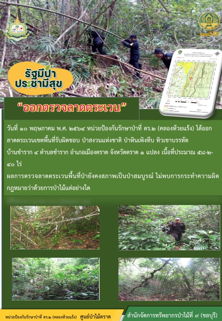 วันที่ 10 พฤษภาคม 2564 หน่วยป้องกันรักษาป่าที่ ตร.2 (คลองห้วยแร้ง) ได้ออกลาดตระเวนเขตพื้นที่นับผิดชอบ ป่าสงวนแห่งชาติ ป่าหินเพิงทึบ ทิวเขาบรรทัด บ้านชำราก 4 ตำบลชำราก อำเภอเมืองตราด จังหวัดตราด จำนวน 1 แปลง เนื้อที่ประมาณ 58-2-40 ไร่ ผลการตรวจลาดตระเวนพื้นที่ป่ายังคงสภาพเป็นป่าสมบูรณ์ ไม่พบการกระทำความผิดตามกฏหมายว่าด้วยการป่าไม้