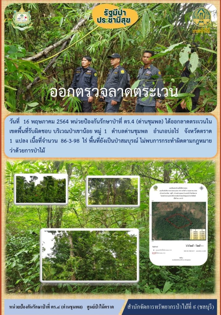 วันที่ 16 พฤษภาคม 2564 หน่วยป้องกันรักษาป่าที่ ตร.4 (ด่านชุมพล) ได้ออกลาดตระเวนในเขตพื้นที่รับผิดชอบบริเวณป่าเขาน้อย หมู่ที่ 1 ตำบลชุมพล อำเภอบ่อไร่ จังหวัดตราด จำนวน 1 แปลง เนื้อที่ 86-3-98 ไร่ พื้นที่ป่ายังคงสภาพเป็นป่าสมบูรณ์ ไม่พบการกระทำความผิดตามกฏหมายว่าด้วยการป่าไม้