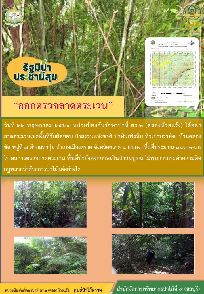 วันที่ 22 พฤษภาคม 2564 หน่วยป้องกันรักษาป่าที่ ตร.2 (คลองห้วยแร้ง) ได้ออกลาดตระเวนเขตพื้นที่รับผิดชอบป่าสงวนแห่งชาติ ป่าหินเพิงทึบ ทิวเขาบรรทัด บ้านคลองขัด หมู่ที่ 7 ตำบลท่ากุ่ม อำเภอเมือง จังหวัดตราด จำนวน 1 แปลง เนื้อที่ 116-2-62 ไร่ ผลการตรวจลาดตระเวน พื้นที่ป่ายังคงสภาพเป็นป่าสมบูรณ์ ไม่พบการกระทำความผิดตามกฏหมายว่าด้วยการป่าไม้