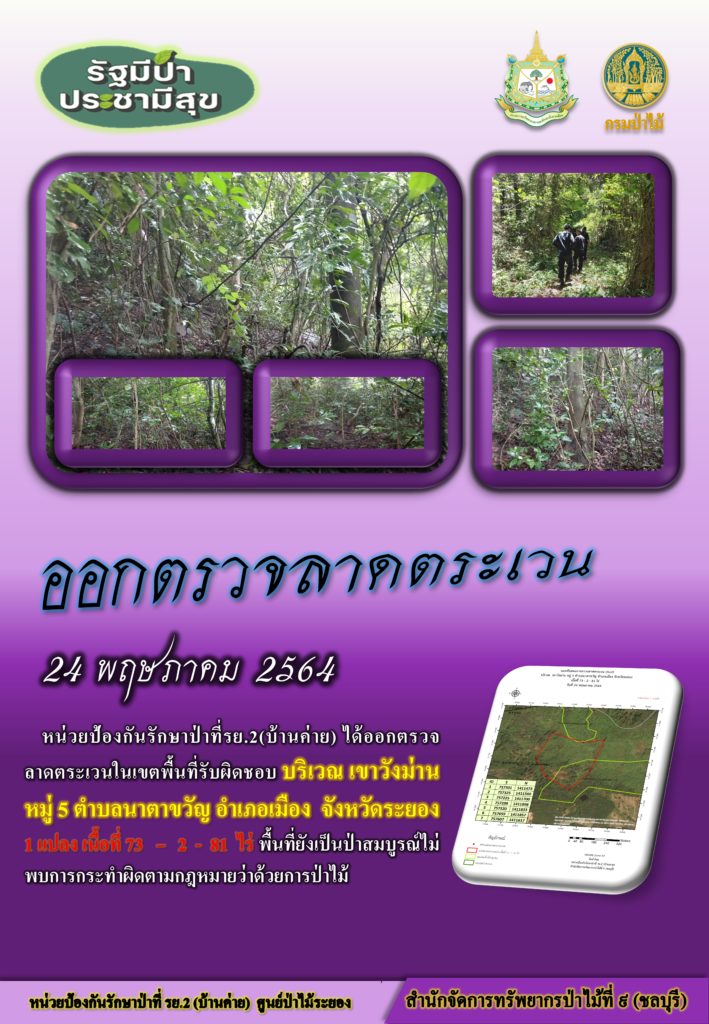 วันที่ 24 พฤษภาคม 2564 หน่วยป้องกันรักษาป่าที่ รย.2 (บ้านค่าย) ได้ออกตรวจลาดตระเวนในเขตพื้นที่รับผิดชอบ บริเวณเขาวังม่าน หมู่ที่ 5 ตำบลนาตาขวัญ อำเภอเมือง จังหวัดระยอง จำนวน 1 แปลง เนื้อที่ 73-2-81 ไร่ พื้นที่ป่ายังคงสภาพเป็นป่าสมบูรณ์ ไม่พบการกระทำความผิดตามกฏหมายว่าด้วยการป่าไม้