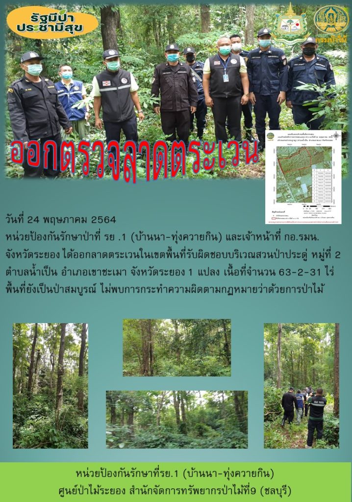 วันที่ 24 พฤษภาคม 2564 หน่วยป้องกันรักษาป่าที่ รย.1 (บ้านนา-ทุ่งควายกิน) และเจ้าหน้าที่ กอ.รมน. จังหวัดระยอง ได้ออกลาดตระเวนในเขตพื้นที่รับผิดชอบบริเวณสวนป่าประดู่ หมู่ที่ 2 ตำบลน้ำเป็น อำเภอเขาชะเมา จังหวัดระยอง จำนวน 1 แปลง เนื้อที่ 63-2-31 ไร่ พื้นที่ป่ายังคงสภาพเป็นป่าสมบูรณ์ ไม่พบการกระทำความผิดตามกฏหมายว่าด้วยการป่าไม้