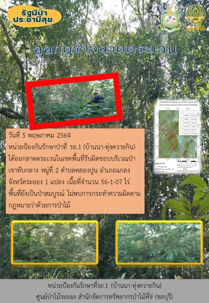 วันที่ 5 พฤษภาคม หน่วยป้องกันรักษาป่าที่ รย.1 (บ้านนา-ทุ่งควายกิน) ได้ออกลาดตระเวนในเขตพื้นที่รับผิดชอบบริเวณป่าเขาทับกลาง หมู่ที่ 2 ตำบลคลองปูน อำเภอแกลง จังหวัดระยอง จำนวน 1 แปลง เนื้อที่ 56-1-07 ไร่ พื้นที่ป่ายังคงสภาพเป็นป่าสมบูรณ์ ไม่พบการกระทำความผิดตามกฏหมายว่าด้วยการป่าไม้