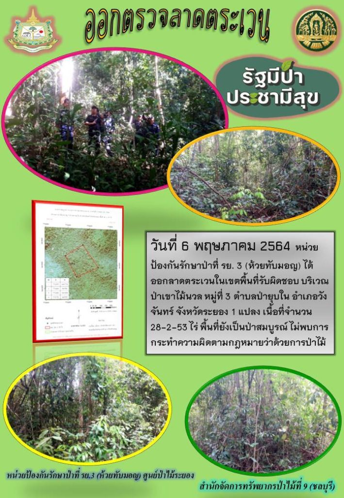 วันที่ 6 พฤษภาคม 2564 หน่วยป้องกันรักษาป่าที่ รย.3 (ห้วยทับมอญ) ได้ออกลาดตระเวนในเขตพื้นที่รับผิดชอบ บริเวณป่าเขาไม้นวล หมู่ที่ 3 ตำบลป่ายุบใน อำเภอวังจันทร์ จังหวัดระยอง จำนวน 1 แปลง เนื้อที่ 28-2-53 ไร่ พื้นที่ป่ายังคงสภาพเป็นป่าสมบูรณ์ ไม่พบการกระทำความผิดตามกฏหมายว่าด้วยการป่าไม้