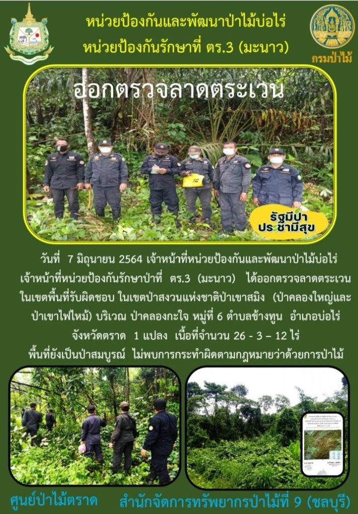 วันที่ 7 มิถุนายน 2564 เจ้าหน้าที่หน่วยป้องกันและพัฒนาป่าไม้บ่อไร่ เจ้าหน้าที่หน่วยป้องกันรักษาป่าที่ ตร.3 (มะนาว) ได้ออกตรวจลาดตระเวนในเขตพื้นที่รับผิดชอบ ในเขตป่าสงวนแห่งชาติป่าเขาสมิง (ป่าคลองใหญ่และป่าเขาไฟไหม้) บริเวณป่าคลองกะใจ หมู่ที่ 6 ตำบลช้างทูล อำเภอบ่อไร่ จังหวัดตราด จำนวน 1 แปลง เนื้อที่ 26-3-12 ไร่ พื้นที่ป่ายังคงสภาพเป็นป่าสมบูรณ์ ไม่พบการกระทำความผิดตามกฏหมายว่าด้วยการป่าไม้