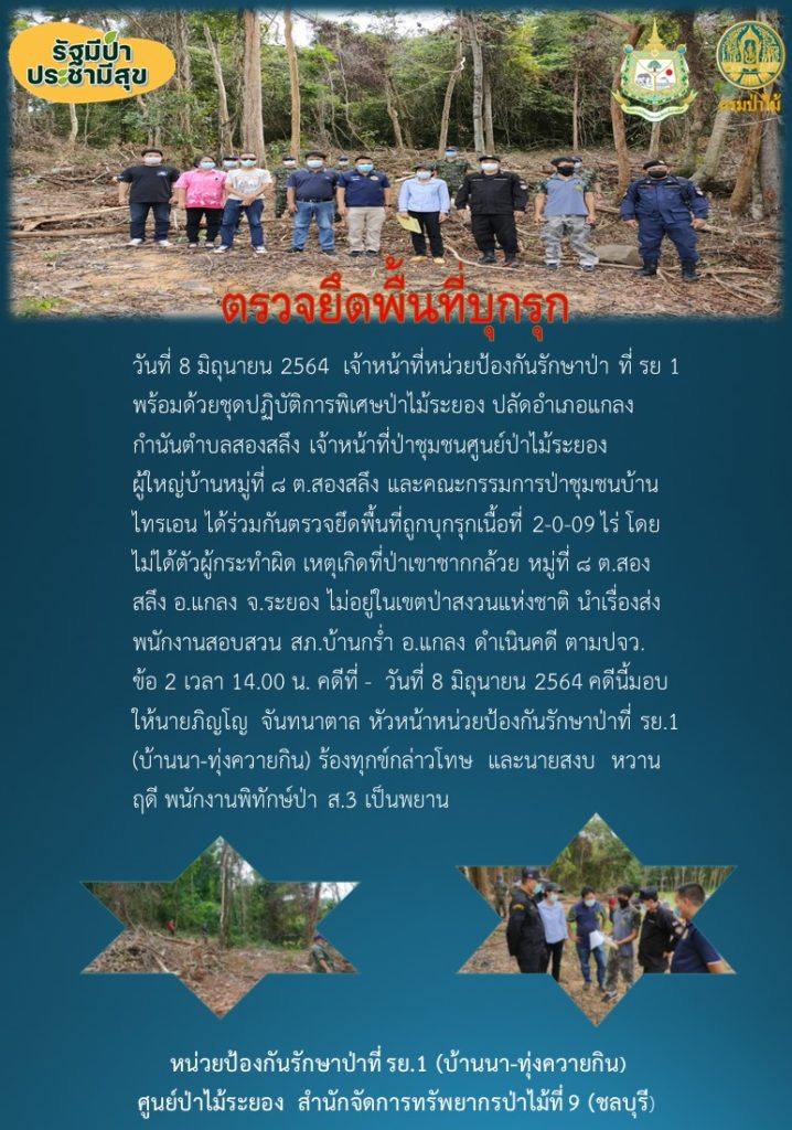 วันที่ 8 มิถุนายน 2564 เจ้าหน้าที่หน่วยป้องกันรักษาป่าที่ รย.1 (บ้านนา-ทุ่งควายกิน) พร้อมด้วยชุดปฏิบัติการพิเศษป่าไม้ระยอง ปลัดอำเภอแกลง กำนันตำบลสองสลึง เจ้าหน้าที่ชุมชนศูนย์ป่าไม้ระยอง ผู้ใหญ่บ้านหมู่ที่ 8 ตำบลสองสลึง และคณะกรรมการป่าชุมชนบ้านไทรเอน ได้ร่วมกันตรวจยึดพื้นที่ถูกบุกรุก เนื้อที่ 2-0-09 ไร่ โดยไม่ได้ตัวผู้กระทำผิด เหตุเกิดที่ป่าเขาชากกล้วย หมู่ที่ 8 ตำบลสองสลึง อำเภอแกลง จังหวัดระยอง ไม่อยู่ในเขตป่าสงวนแห่งชาติ นำเรื่องส่งพนักงานสอบสวน สภ.บ้านกร่ำ อำเภอแกลง ดำเนินคดี ตามปจว. ข้อ 2 เวลา 14.00 น. คดีที่ - วันที่ 8 มิถุนายน 2564 ดคีนี้มอบให้นายภิญโญ จันทนาตาล หัวหน้าหน่วยป้องกันรักษาป่าที่ รย.1 (บ้านนา-ทุ่งควายกิน) ร้องทุกข์กล่าวโทษ และนายสวบ หวานฤดี พนักงานพิทักษ์ป่า ส.3 เป็นพยาน