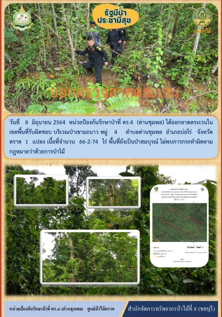 วันที่ 8 มิถุนายน 2564 หน่วยป้องกันรักษาป่าที่ ตร.4 (ด่านชุมพล) ได้ออกลาดตระเวนในเขตพื้นที่รับผิดชอบ บริเวณป่าเขามะนาว หมู่ที่ 4 ตำบลด่านชุมพล อำเภอบ่อไร่ จังหวัดตราด จำนวน 1 แปลง เนื้อที่ 66-2-74 ไร่ พื้นที่ป่ายังคงสภาพเป็นป่าสมบูรณ์ ไม่พบการกระทำความผิดตามกฏหมายว่าด้วยการป่าไม้