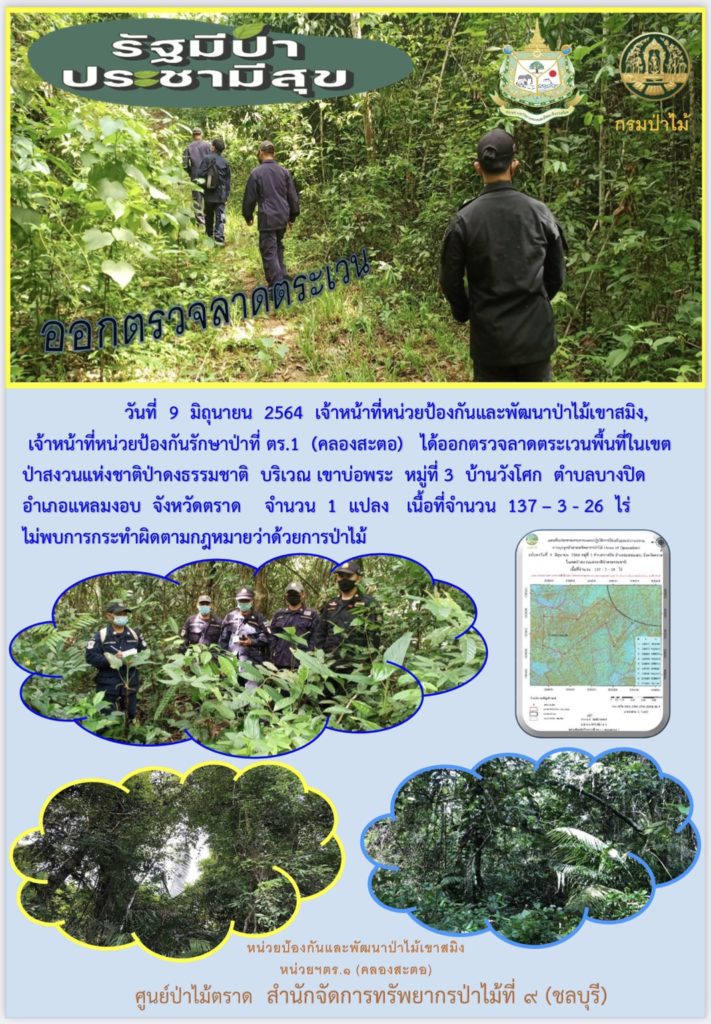 วันที่ 9 มิถุนายน 2564 เจ้าหน้าที่หน่วยป้องกันและพัฒนาป่าไม้เขาสมิง เจ้าหน้าที่หน่วยป้องกันรักษาป่าที่ ตร.1 (คลองสะตอ) ได้ออกตรวจลาดตระเวนพื้นที่ในเขตป่าสงวนแห่งชาติป่าดงธรรมชาติ บริเวณเขาบ่อพระ หมู่ที่ 3 บ้านวังโศก ตำบลบางปิด อำเภอแหลมงอบ จังหวัดตราด จำนวน 1 แปลง เนื้อที่ 137-3-26 ไร่ ไม่พบการกระทำความผิดตามกฏหมายว่าด้วยการป่าไม้