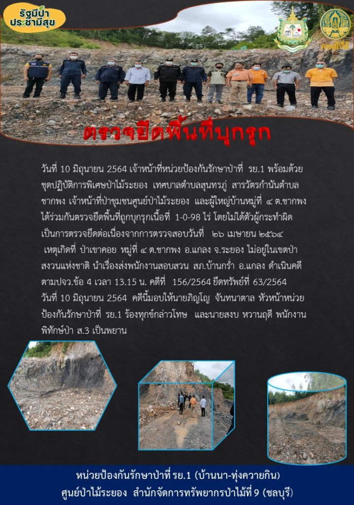 วันที่ 10 มิถุนายน 2564 เจ้าหน้าที่หน่วยป้องกันรักษาป่าที่ รย.1 (บ้านนา-ทุ่งควายกิน) พร้อมด้วยชุดปฏิบัติการพิเศษป่าไม้ระยอง เทศบาลสุนทรภู่ สารวัตรกำนันตำบลชากพง เจ้าหน้าที่ป่าชุมชนศูนย์ป่าไม้ระยอง และผู้ใหญ่บ้านหมู่ที่ 4 ตำบลชากพง ได้ร่วมกันตรวจยึดพื้นที่ถูกบุกรุกเนื้อที่ 1-0-98 ไร่ โดยไม่ได้ตัวผู้กระทำผิด เป็นการตรวจยึดต่อเนื่องจากการตรวจสอบวันที่ 26 เมษายน 2564 เหตุเกิดที่ป่าเขาคอย หมู่ที่ 4 ตำบลชากพง อำเภอแกลง จังหวัดระยอง ไม่อยู่ในเขตป่าสงวนแห่งชาติ นำเรื่องส่งพนักงานสอบสวน สภ.บ้านกร่ำ อำเภอแกลง ดำเนินคดีตาม ปจว.ข้อ 4 เวลา 13.15 คดีที่ 156/2564 ยึดทรัพย์ที่ 63/2564 วันที่ 10 มิถุนายน 2564 คดีนี้มอบให้นายภิญโญ จันทนาตาล หัวหน้าหน่วยป้องกันรักษาป่าที่ รย.1 ร้องทุกข์กล่าวโทษ และนายสงบ หวานฤดี พนักงานพิทักษ์ป่า ส.3 เป็นพยาน