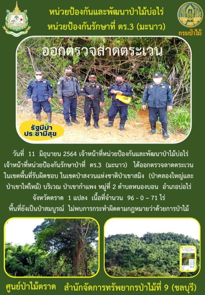 วันที่ 11 มิถุนายน 2564 เจ้าหน้าที่หน่วยป้องกันและพัฒนาป่าไม้บ่อไร่ เจ้าหน้าที่หน่วยป้องกันรักษาป่าที่ ตร.3 (มะนาว) ได้ออกตรวจลาดตระเวนในเขตพื้นที่รับผิดชอบ ในเขตป่าสงวนแห่งชาติป่าเขาสมิง (ป่าคลองใหญ่และป่าเขาไฟไหม้) บริเวณป่าเขากำแพง หมู่ที่ 2 ตำบลหนองบอน อำเภอบ่อไร่ จังหวัดตราด จำนวน 1 แปลง เนื้อที่ 96-0-71 ไร่ พื้นที่ป่ายังคงสภาพเป็นป่าสมบูรณ์ ไม่พบการกระทำความผิดตามกฎหมายว่าด้วยการป่าไม้