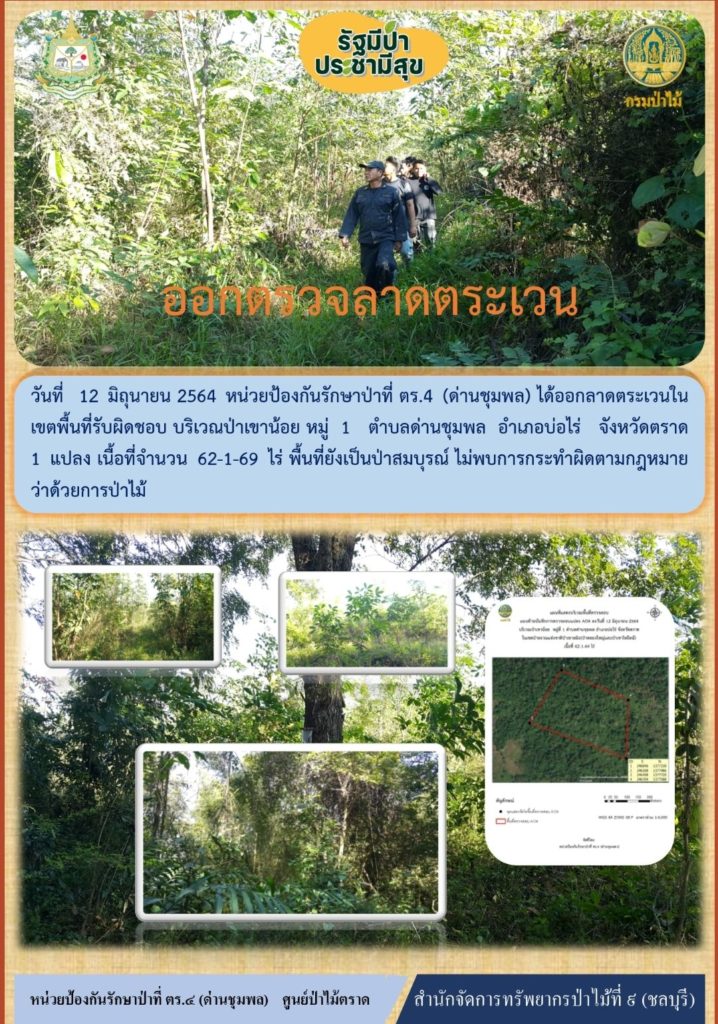 วันที่ 12 มิถุนายน 2564 หน่วยป้องกันรักษาป่าที่ ตร.4 (ด่านชุมพล) ได้ออกลาดตระเวนในเขตพื้นที่รับผิดชอบ บริเวณป่าเขาน้อย หมู่ที่ 1 ตำบลด่านชุมพล อำเภอบ่อไร่ จังหวัดตราด จำนวน 1 แปลง เนื้อที่ 62-1-69 ไร่ พื้นที่ป่ายังคงสภาพเป็นป่าสมบูรณ์ ไม่พบการกระทำความผิดตามกฎหมายว่าด้วยการป่าไม้