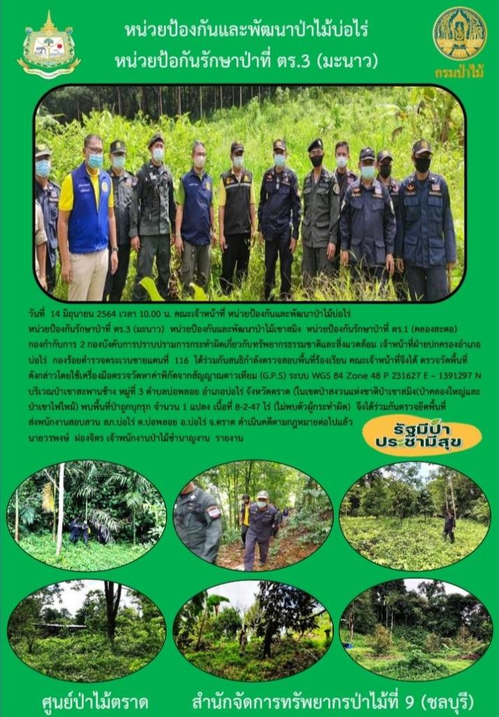 วันที่ 14 มิถุนายน 2564 เวลา 10.00 น. คณะเจ้าหน้าที่หน่วยป้องกันและพัฒนาป่าไม้บ่อไร่ หน่วยป้องกันรักษาป่าที่ ตร.3 (มะนาว) หน่วยป้องกันและพัฒนาป่าไม้เขาสมิง หน่วยป้องกันรักษาป่าที่ ตร.1 (คลองสะตอ) กองกำกับการ 2 กองบังคับการปราบปรามการกระทำผิดเกี่ยวกับทรัพยากรธรรมชาติและสิ่งแวดล้อม เจ้าหน้าที่ฝ่ายปกครองอำเภอบ่อไร่ กองร้อยตำรวจตระเวนชายแดนที่ 116 ได้ร่วมกันสนธิกำลังตรวจสอบพื้นที่ร้องเรียน คณะเจ้าหน้าที่จึงได้ตรวจวัดพื้นที่ดังกล่าว โดยใช้เครื่องมือตรวจวัดหาค่าพิกัดจากสัญญาณดาวเทียว (G.P.S) ระบบ WGS 84 Zone 48 P 231627 E - 1391297 N บริเวณป่าเขาสะพานช้าง หมู่ที่ 3 ตำบลบ่อพลอย อำเภอบ่อไร่ จังหวัดตราด ในเขตป่าสงวนแห่งชาติป่าเขาสมิง (ป่าคลองใหญ่และป่าเขาไฟไหม้) พบพื้นที่ป่าถูกบุกรุก จำนวน 1 แปลง เนื้อที่ 8-2-47 ไร่ (ไม่พบตัวผู้กระทำผิด) จึงได้ร่วมกันตรวจยึดพื้นที่ส่งพนักงานสอบสวน สภ.บ่อไร่ ตำบลบ่อพลอย จังหวัดตราด ดำเนินคดีตามกฎหมายต่อไปแล้ว
