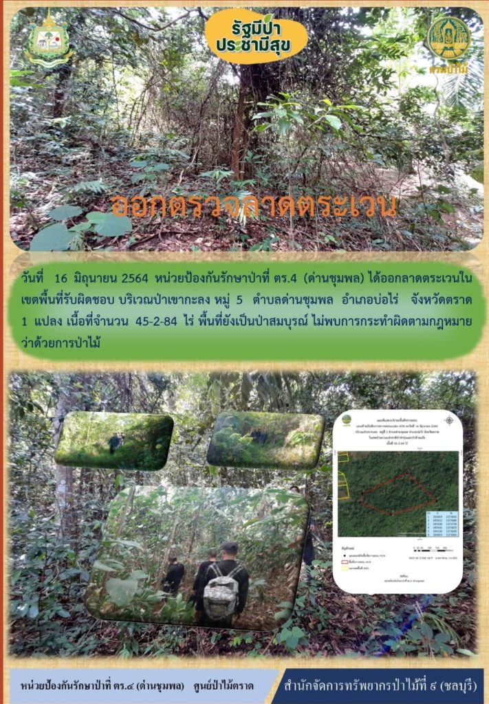 วันที่ 16 มิถุนายน 2564 หน่วยป้องกันรักษาป่าที่ ตร.4 (ด่านชุมพล) ได้ออกลาดตระเวนในเขตพื้นที่รับผิดชอบ บริเวณป่าเขากะลง หมู่ที่ 5 ตำบลด่านชุมพล อำเภบ่อไร่ จังหวัดตราด จำนวน 1 แปลง เนื้อที่ 45-2-84 ไร่ พื้นที่ป่ายังคงสภาพเป็นป่าสมบูรณ์ ไม่พบการกระทำความผิดตามกฎหมายว่าด้วยการป่าไม้