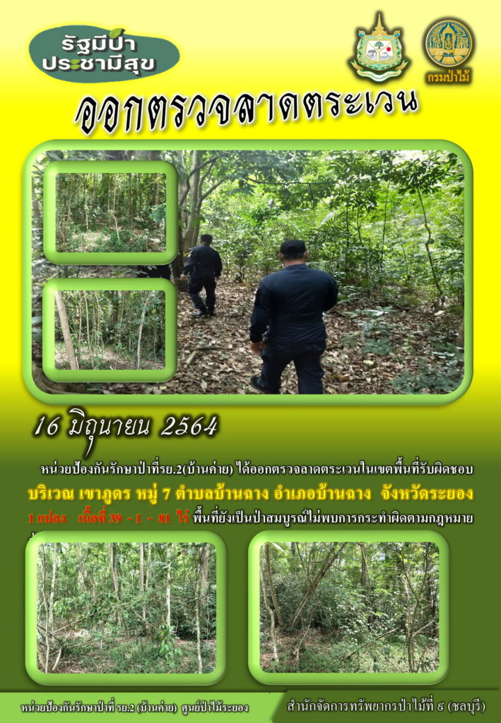 วันที่ 16 มิถุนายน 2564 หน่วยป้องกันรักษาป่าที่ รย.2 (บ้านค่าย) ได้ออกตรวจลาดตระเวนในเขตพื้นที่นับผิดชอบ บริเวณเขาภูดร หมู่ที่ 7 ตำบลบ้านฉาง อำเภอบ้านฉาง จังหวัดระยอง จำนวน 1 แปลง เนื้อที่ 39-1-81 ไร่ พื้นที่ป่ายังคงสภาพเป็นป่าสมบูรณ์ ไม่พบการกระทำความผิดตามกฎหมายว่าด้วยการป่าไม้