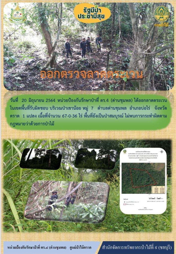 วันที่ 20 มิถุนายน 2564 หน่วยป้องกันรักษาป่าที่ ตร.4 (ด่านชุมพล) ได้ออกลาดตระเวน ในเขตพื้นที่รับผิดชอบบริเวณป่าเขาน้อย หมู่ที่ 7 ตำบลด่านชุมพล อำเภอบ่อไร่ จังหวัดตราด จำนวน 1 แปลง เนื้อที่ 67-0-36 ไร่ พื้นที่ป่ายังคงสภาพเป็นป่าสมบูรณ์ ไม่พบการกระทำความผิดตามกฎหมายว่าด้วยการป่าไม้