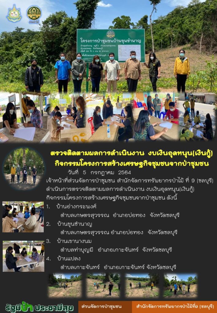 วันที่ 5 กรกฎาคม 2564 เจ้าหน้าที่ส่วนจัดการป่าชุมชน สำนักจัดการทรัพยากรป่าไม้ที่ 9 (ชลบุรี) ดำเนินการตรวจติดตามผลการดำเนินงาน งบเงินอุดหนุน (เงินกู้) กิจกรรมโครงการสร้างเศรษฐกิจชุมชนจากป่าชุมชน ดังนี้ 1. บ้านกระพงศ์ ตำบลเกษตรสุวรรณ อำเภอบ่อทอง จังหวัดชลบุรี 2. บ้านขุนชำนาญ ตำบลเกษตรสุวรรณ อำเภอบ่อทอง จังหวัดชลบุรี 3. บ้านเขานางนม ตำบลท่าบุญมี อำเภอเกาะจันทร์ จังหวัดชลบุรี 4. บ้านแปลง ตำบลเกาะจันทร์ อำเภอเกาะจันทร์ จังหวัดชลบุรี