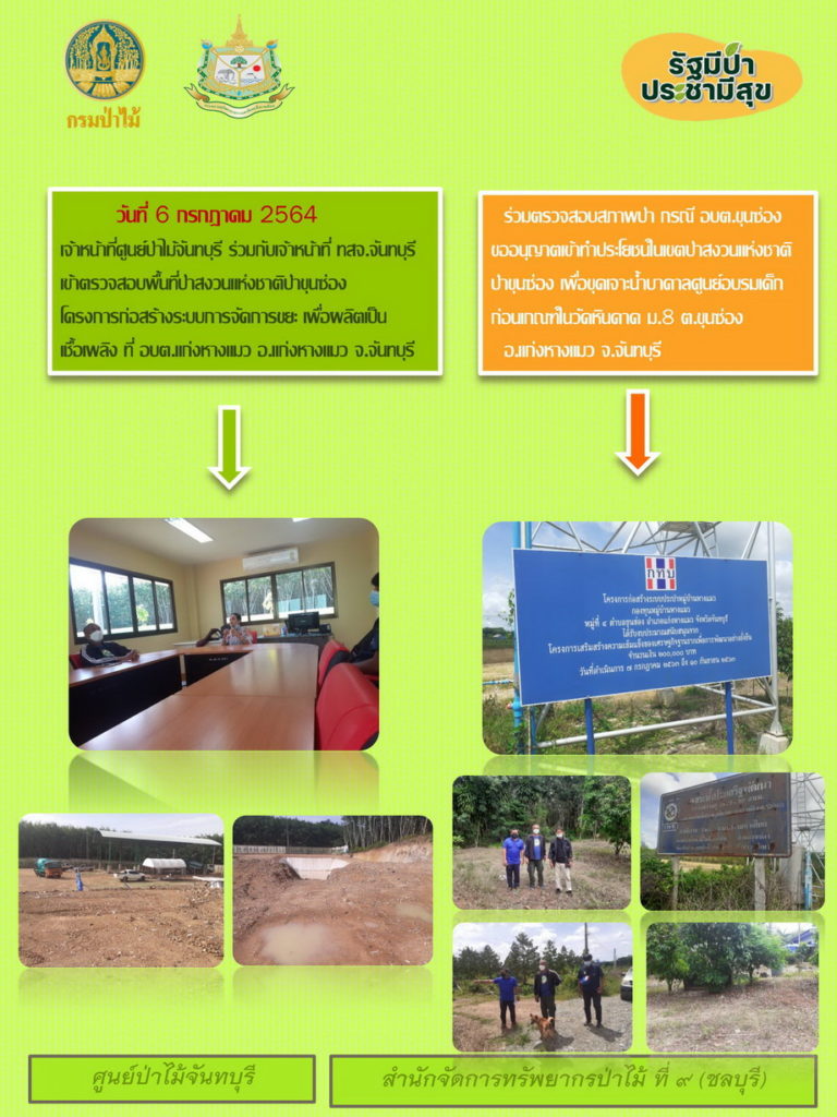 วันที่ 6 กรกฎาคม 2564 เจ้าหน้าที่ศูนย์ป่าไม้จันทบุรี ร่วมกับเจ้าหน้าที่ ทสจ.จันทบุรี เข้าตรวจสอบพื้นที่ป่าสงวนแห่งชาติป่าขุนซ่อง โครงการก่อสร้างระบบการจัดการขยะ เพื่อผลิตเป็นเชื้อเพลิง ที่ อบต.แก่งหางแมว จังหวัดจันทบุรี ร่วมตรวจสอบสภาพป่า กรณี อบต.ขุนซ่อง ขออนุญาตเข้าทำประโยชน์ในเขตป่าสงวนแห่งชาติป่าขุนซ่อง เพื่อขุดเจาะน้ำบาดาลศูนย์อบรมเด็กก่อนเกณฑ์ในวัดหินดาด หมู่ที่ 8 ตำบลขุนซ่อง อำเภอแก่งหางแมว จังหวัดจันทบุรี