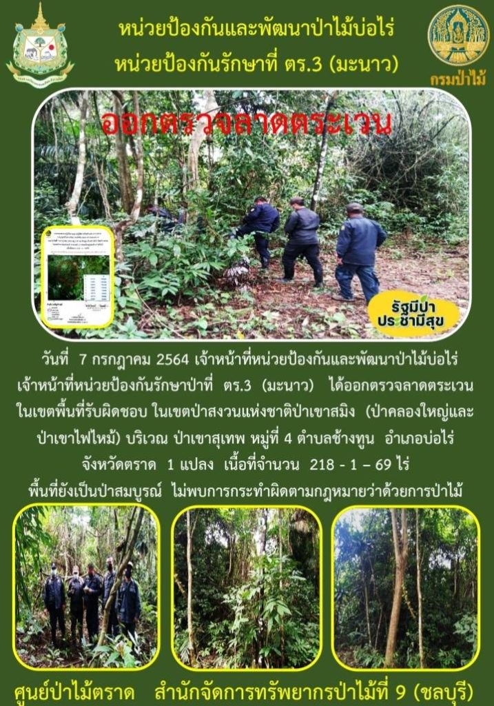 วันที่ 7 กรกฎาคม 2564 เจ้าหน้าที่หน่วยป้องกันและพัฒนาป่าไม้บ่อไร่ เจ้าหน้าที่หน่วยป้องกันรักษาป่าที่ ตร.3 (มะนาว) ได้ออกตรวจลาดตระเวนในเขตพื้นที่รับผิดชอบ ในเขตป่าสงวนแห่งชาติป่าเขาสมิง (ป่าคลองใหญ่และป่าเขาไฟไหม้) บริเวณป่าเขาสุเทพ หมู่ที่ 4 ตำบลช้างทูน อำเภอบ่อไร่ จังหวัดตราด จำนวน 1 แปลง เนื้อที่ 218-1-69 ไร่ พื้นที่ยังคงสภาพเป็นป่าสมบูรณ์ ไม่พบการกระทำความผิดตามกฎหมายว่าด้วยการป่าไม้