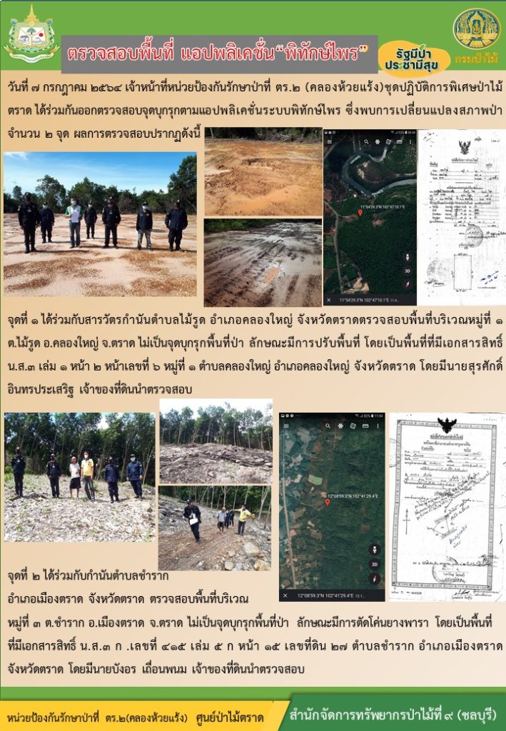 วันที่ 7 กรกฎาคม 2564 เจ้าหน้าที่หน่วยป้องกันรักษาป่าที่ ตร.2 (คลองห้วยแร้ง) ชุดปฏิบัติการพิเศษป่าไม้ตราด ได้ร่วมกันตรวจสอบจุดบุกรุกตามแอปพลิเคชั่นระบบพิทักษ์ไพร ซึ่งพบการเปลี่ยนแปลงสภาพป่า จำนวน 2 จุด ผลการตรวจสอบปรากฏดังนี้ จุดที่ 1 ได้ร่วมกับสารวัตรกำนันตำบลไม้รูด อำเภอคลองใหญ่ จังหวัดตราด ตรวจสอบพื้นที่บริเวณ หมู่ที่ 1 ตำบลไม้รูด อำเภอคลองใหญ่ จังหวัดตราด ไม่เป็นจุดบุกรุกพื้นที่ป่า ลักษณะมีการปรับพื้นที่ โดยเป็นพื้นที่ที่มีเอกสารสิทธิ์ น.ส.3 เล่ม 1 หน้าที่ 2 หน้าเลขที่ 6 หมู่ที่ 1 ตำบลคลองใหญ่ อำเภอคลองใหญ่ จังหวัดตราด โดยมีนายสุรีศักดิ์ อินทรประเสริฐ เจ้าของที่ดินนำตรวจสอบ จุดที่ 2 ได้ร่วมกับกำนันตำบลชำราก อำเภอเมืองตราด จังหวัดตราด ตรวจสอบพื้นที่บริเวณ หมู่ที่ 3 ตำบลชำราก อำเภอเมืองตราด จังหวัดตราด ไม่เป็นจุดบุกรุกพื้นที่ป่า ลักษณะมีการตัดโค่นยางพารา โดยเป็นพื้นที่ที่มีเอกสารสิทธิ์ น.ส.3 ก เลขที่ 415 เล่ม 5 ก หน้า 15 เลขที่ดิน 27 ตำบลชำราก อำเภอเมืองตราด จังหวัดตราด โดยมีนายบังอร เถื่อนพนม เจ้าของที่ดินนำตรวจสอบ
