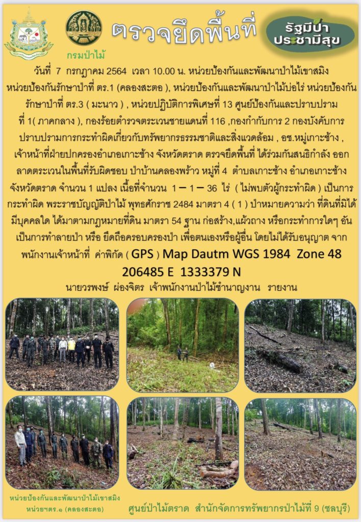 วันที่ 7 กรกฎาคม 2564 เวลา 10.00 น. หน่วยป้องกันและพัฒนาป่าไม้เขาสมิง หน่วยป้องกันรักษาป่าที่ ตร.1 (คลองสะตอ) หน่วยป้องกันและพัฒนาป่าไม้บ่อไร่ หน่วยป้องกันรักษาป่าที่ ตร.3 (มะนาว) หน่วยปฏิบัติการพิเศษที่ 13 ศูนย์ป้องกันและปราบปรามที่ 1 (ภาคกลาง) กองร้อยตำรวจตระเวนชายแดนที่ 116 กองกำกับการ 2 กองบังคับการปราบปรามการกระทำผิดเกี่ยวกับทรัพยากรธรรมชาติและสิ่งแวดล้อม อช.หมู่เกาะช้าง เจ้าหน้าที่ฝ่ายปกครองอำเภอเกาะช้าง จังหวัดตราด ตรวจยึดพื้นที่ ได้ร่วมกันสนธิกำลัง ออกลาดตระเวนในพื้นที่รับผิดชอบ ป่าบ้านคลองพร้าว หมู่ที่ 4 ตำบลเกาะช้าง อำเภอเกาะช้าง จังหวัดตราด จำนวน 1 แปลง เนื้อที่ 1-1-36 ไร่ (ไม่พบตัวผู้กระทำผิด) เป็นการกระทำผิดพระราชบัญญัติป่าไม้ พุทธศักราช 2484 มาตรา 4(1) ป่าหมายความว่า ที่ดินที่มิได้มีบุคคลใด ได้มาตามกฎหมายที่ดิน มาตรา 54 ฐาน ก่อสร้าง แผ้วถาง หรือกระทำการใด ๆ อันเป็นการทำลายป่า ยึดถือครอบครองป่า เพื่อตนเองหรือผู้อื่น โดยไม่ได้รับอนุญาตจากพนักงานเจ้าหน้าที่ ค่าพิกัด (GPS) Map Dautm WGS 1984 Zone 48 206485 E 1333379 N