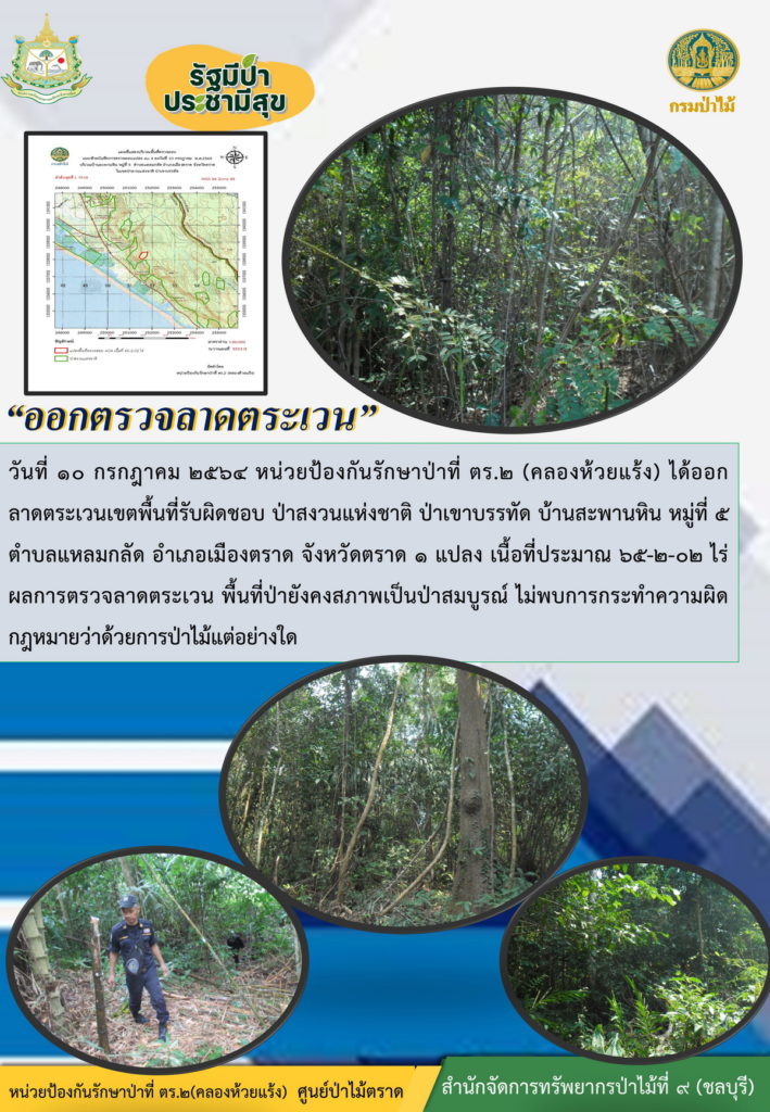 วันที่ 10 กรกฎาคม 2564 หน่วยป้องกันรักษาป่าที่ ตร.2 (คลองห้วยแร้ง) ได้ออกลาดตระเวนเขตพื้นที่รับผิดชอบ ป่าสงวนแห่งชาติป่าเขาบรรทัด บ้านสะพานหิน หมู่ที่ 5 ตำบลแหลมกลัด อำเภอเมือง จังหวัดตราด จำนวน 1 แปลง เนื้อที่ 65-2-02 ไร่ ผลการตรวจลาดตระเวน พื้นที่ป่ายังคงสภาพเป็นป่าสมบูรณ์ ไม่พบการกระทำความผิดตามกฎหมายว่าด้วยการป่าไม้