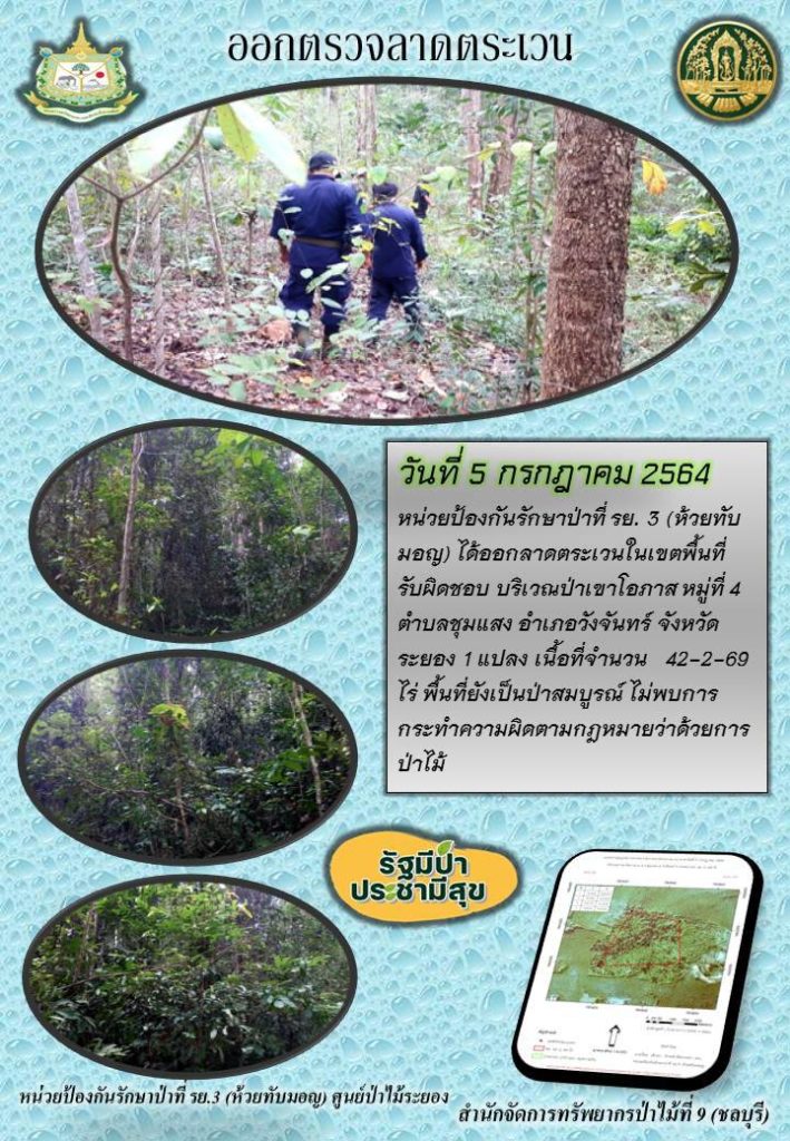 วันที่ 5 กรกฎาคม 2564 หน่วยป้องกันรักษาป่าที่ รย.3 (ห้วยทับมอญ) ได้ออกลาดตระเวนในเขตพื้นที่รับผิดชอบ บริเวณป่าเขาโอภาส หมู่ที่ 4 ตำบลชุมแสง อำเภอวังจันทร์ จังหวัดระยอง จำนวน 1 แปลง เนื้อที่ 42-2-69 ไร่ พื้นที่ยังคงสภาพเป็นป่าสมบูรณ์ ไม่พบการกระทำความผิดตามกฎหมายว่าด้วยการป่าไม้