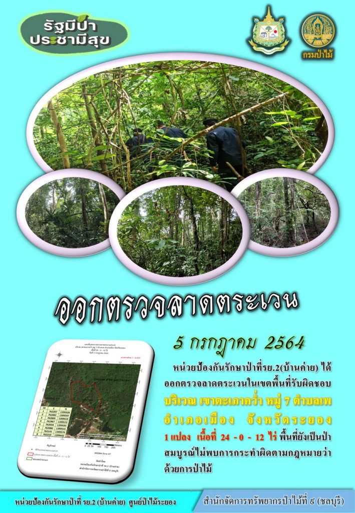 วันที่ 5 กรกฎคม 2564 หน่วยป้องกันรักษาป่าที่ รย.2 (บ้านค่าย) ได้ออกตรวจลาดตระเวนในเขตพื้นที่รับผิดชอบ บริเวณเขาตะเภาคว่ำ หมู่ที่ 7 ตำบลเพ อำเภอเมือง จังหวัดระยอง จำนวน 1 แปลง เนื้อที่ 24-0-12 ไร่ พื้นที่ยังคงสภาพเป็นป่าสมบูรณ์ ไม่พบการกระทำความผิดตามกฎหมายว่าด้วยการป่าไม้