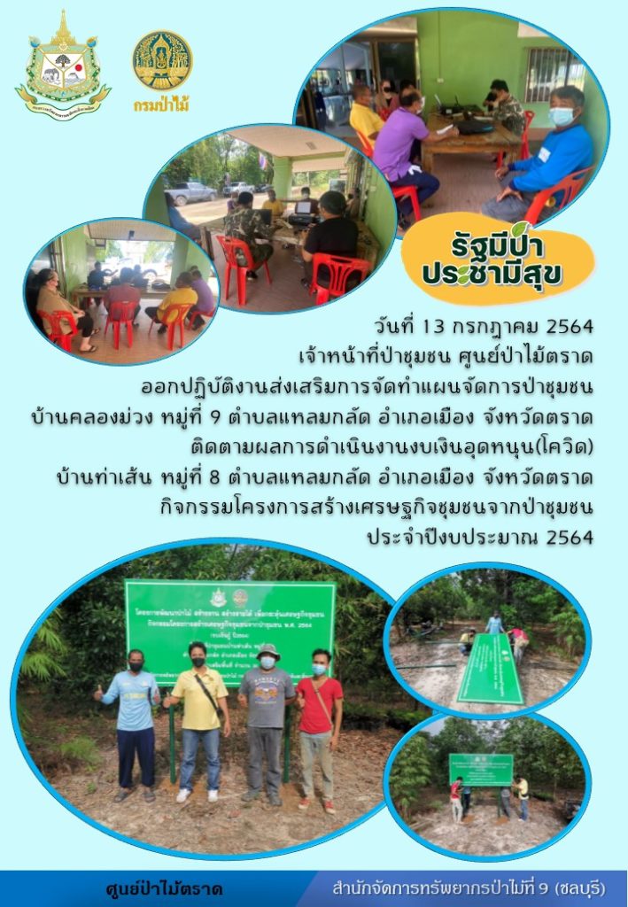 วันที่ 13 กรกฎาคม 2564 เจ้าหน้าที่ป่าชุมชนศูนย์ป่าไม้ตราด ออกปฏิบัติงานส่งเสริมการจัดทำแผนจัดการป่าชุมชนบ้านคลองม่วง หมู่ที่ 9 ตำบลแหลมกลัด อำเภอเมือง จังหวัดตราด ติดตามผลการดำเนินงานงบเงินอุดหนุน (โควิด) บ้านท่าเส้น หมู่ที่ 8 ตำบลแหลมกลัด อำเภอเมือง จังหวัดตราด กิจกรรมโครงการสร้างเศรษฐกิจชุมชนจากป่าชุมชน ประจำปีงบประมาณ 2564