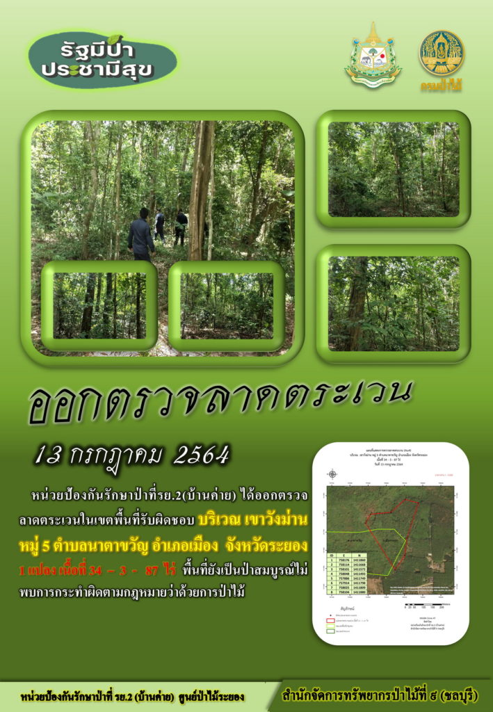 วันที่ 13 กรกฎาคม 2564 หน่วยป้องกันรักษาป่าที่ รย.2 (บ้านค่าย) ได้ออกตรวจลาดตระเวนในเขตพื้นที่รับผิดชอบ บริเวณเขาวังม่าน หมู่ที่ 5 ตำบลนาตาขวัญ อำเภอเมือง จังหวัดระยอง จำนวน 1 แปลง เนื้อที่ 34-3-87 ไร่ พื้นที่ยังคงสภาพเป็นป่าสมบูรณ์ ไม่พบการกระทำความผิดตามกฎหมายว่าด้วยการป่าไม้