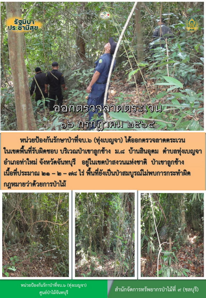 วันที่ 16 กรกฎาคม 2564 หน่วยป้องกันรักษาป่าที่ จบ.6 (ทุ่งเบญจา) ได้ออกตรวจลาดตระเวนในเขตพื้นที่รับผิดชอบ บริเวณป่าเขาลูกช้าง หมู่ที่ 8 บ้านสินอุดม ตำบลทุ่งเบญจา อำเภอท่าใหม่ จังหวัดจันทบุรี อยู่ในเขตป่าสงวนแห่งชาติ ป่าเขาลูกช้าง เนื้อที่ 21-2-78 ไร่ พื้นที่ยังคงสภาพเป็นป่าสมบูรณ์ ไม่พบการกระทำความผิดตามกฎหมายว่าด้วยการป่าไม้