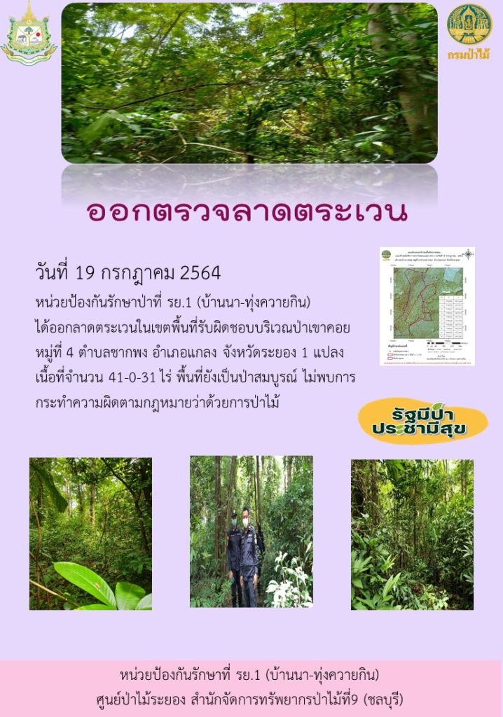 วันที่ 19 กรกฎาคม 2564 หน่วยป้องกันรักษาป่าที่ รย.1 (บ้านนา-ทุ่งควายกิน) ได้ออกลาดตระเวนในเขตพื้นที่รับผิดชอบบริเวณป่าเขาคอย หมู่ที่ 4 ตำบลชากพง อำเภอแกลง จังหวัดระยอง จำนวน 1 แปลง เนื้อที่ 41-0-31 ไร่ พื้นที่ยังคงสภาพเป็นป่าสมบูรณ์ ไม่พบการกระทำความผิดตามกฎหมายว่าด้วยการป่าไม้