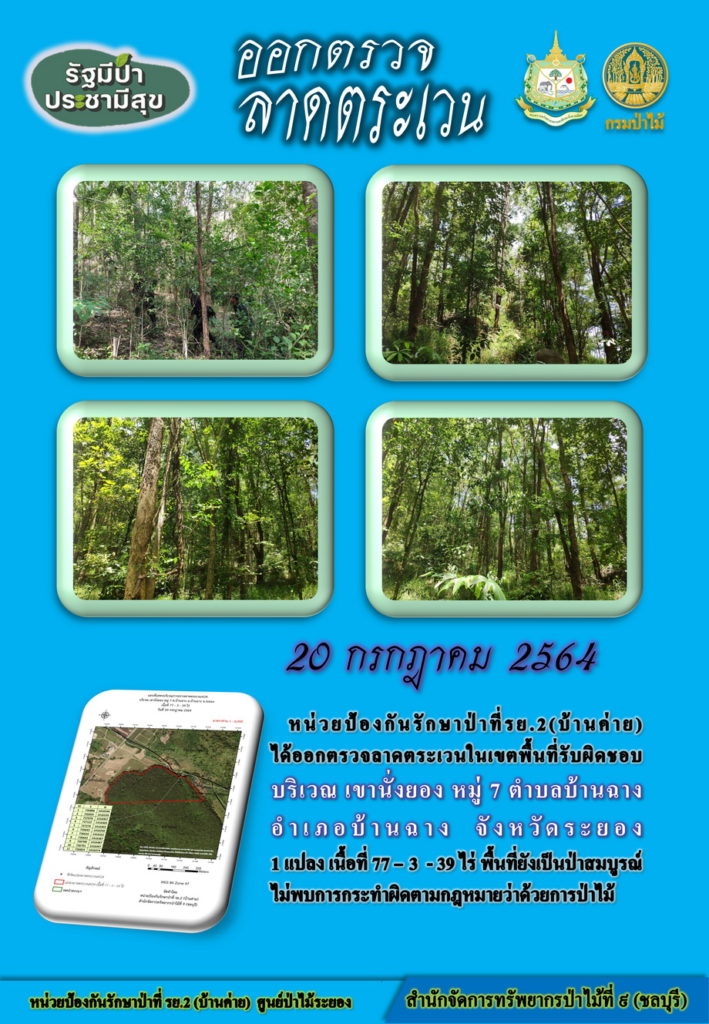 วันที่ 20 กรกฎาคม 2564 หน่วยป้องกันรักษาป่าที่ รย.2 (บ้านค่าย) ได้ออกตรวจลาดตระเวนในเขตพื้นที่รับผิดชอบ บริเวณเขานั่งยอง หมู่ที่ 7 ตำบลบ้านฉาง อำเภอบ้านฉาง จังหวัดระยอง จำนวน 1 แปลง เนื้อที่ 77-3-39 ไร่ พื้นที่ยังคงสภาพเป็นป่าสมบูรณ์ ไม่พบการกระทำความผิดตามกฎหมายว่าด้วยการป่าไม้