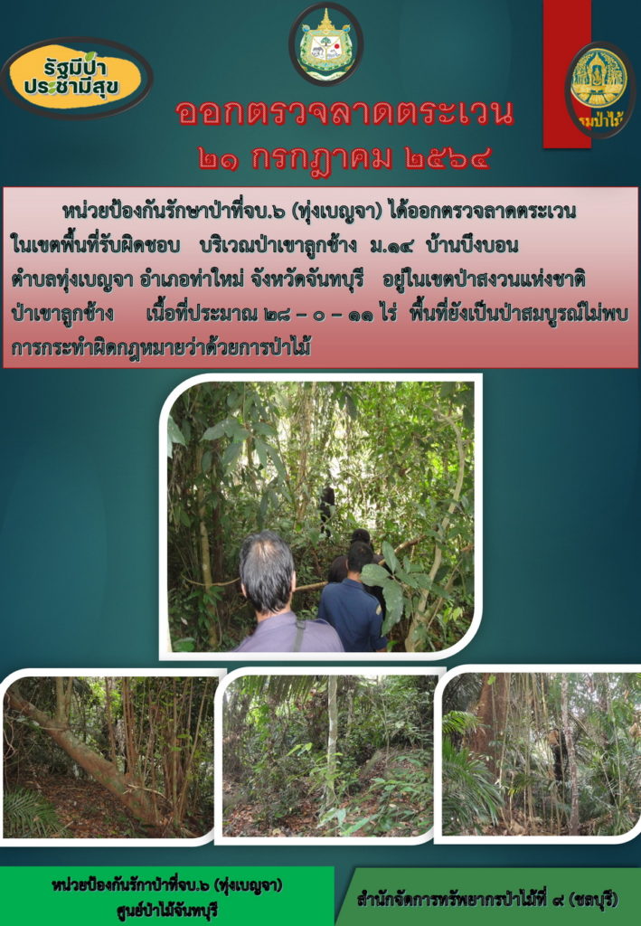 วันที่ 21 กรกฎาคม 2564 หน่วยป้องกันรักษาป่าที่ จบ.6 (ทุ่งเบ็ญจา) ได้ออกตรวจลาดตระเวนในเขตพื้นที่รับผิดชอบ บริเวณป่าเขาลูกช้าง หมู่ที่ 14 บ้านบึงบอน ตำบลทุ่งเบ็ญจา อำเภอท่าใหม่ จังหวัดจันทบุรี อยู่ในเขตป่าสงวนแห่งชาติป่าเชาลูกช้าง เนื้อที่ 28-0-11 ไร่ พื้นที่ยังคงสภาพเป็นป่าสมบูรณ์ ไม่พบการกระทำความผิดตามกฎหมายว่าด้วยการป่าไม้