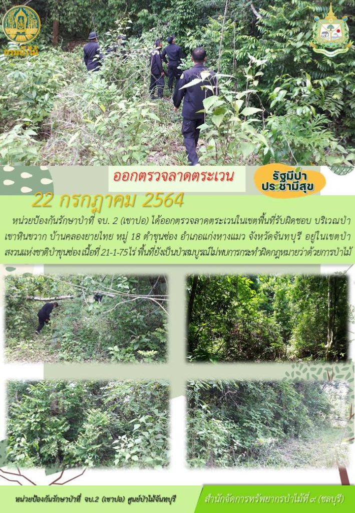 วันที่ 22 กรกฎาคม 2564 หน่วยป้องกันรักษาป่าที่ จบ.2 (เขาปอ) ได้ออกตรวจลาดตระเวนในเขตพื้นที่รับผิดชอบ บริเวณป่าเขาหินขวาก บ้านคลองยายไทย หมู่ที่ 18 ตำบลขุนซ่อง อำเภอแก่งหางแมว จังหวัดจันทบุรี อยู่ในเขตป่าสงวนแห่งชาติป่าขุนซ่อง เนื้อที่ 21-1-75 ไร่ พื้นที่ยังคงสภาพเป็นป่าสมบูรณ์ ไม่พบการกระทำความผิดตามกฎหมายว่าด้วยการป่าไม้