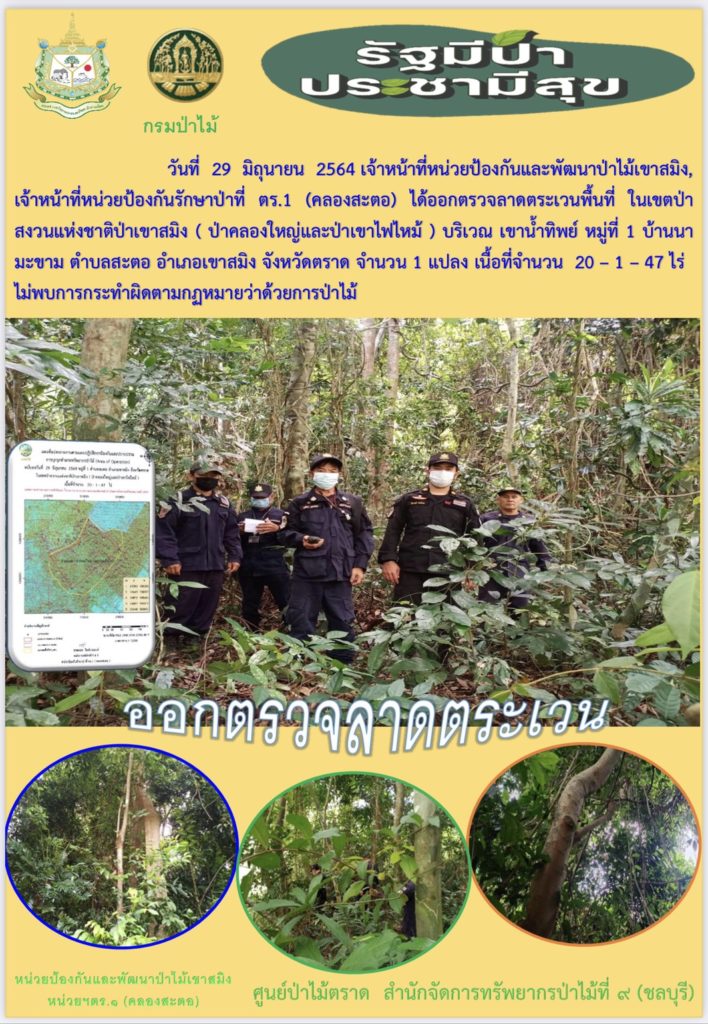 วันที่ 29 มิถุนายน 2564 เจ้าหน้าที่หน่วยป้องกันและพัฒนาป่าไม้เขาสมิง เจ้าหน้าที่หน่วยป้องกันรักษาป่าที่ ตร.1 (คลองสะตอ) ได้ออกตรวจลาดตระเวนพื้นที่ในเขตป่าสงวนแห่งชาติป่าเขาสมิง (ป่าคลองใหญ่และป่าเขาไฟไหม้) บริเวณเขาน้ำทิพย์ หมู่ที่ 1 บ้านนามะขาม ตำบลสะตอ อำเภอเขาสมิง จังหวัดตราด จำนวน 1 แปลง เนื้อที่ 20-1-47 ไร่ ไม่พบการกระทำความผิดตามกฎหมายว่าด้วยการป่าไม้