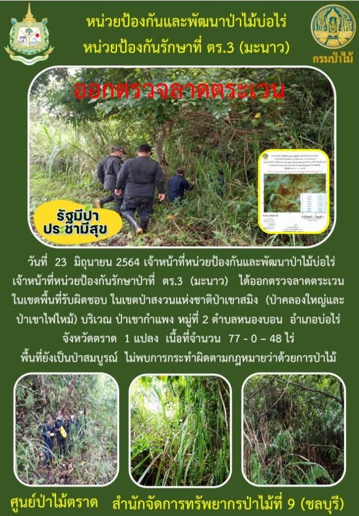 วันที่ 23 มิถุนายน 2564 เจ้าหน้าที่หน่วยป้องกันและพัฒนาป่าไม้บ่อไร่ เจ้าหน้าที่หน่วยป้องกันรักษาป่าที่ ตร.3 (มะนาว) ได้ออกตรวจลาดตระเวนในเขตพื้นที่รับผิดชอบ ในเขตป่าสงวนแห่งชาติป่าเขาสมิง (ป่าคลองใหญ่และป่าเขาไฟไหม้) บริเวณป่าเขากำแพง หมู่ที่ 2 ตำบลหนองบอน อำเภอบ่อไร่ จังหวัดตราด จำนวน 1 แปลง เนื้อที่ 77-0-48 ไร่ พื้นที่ป่ายังคงสภาพเป็นป่าสมบูรณ์ ไม่พบการกระทำความผิดตามกฎหมายว่าด้วยการป่าไม้