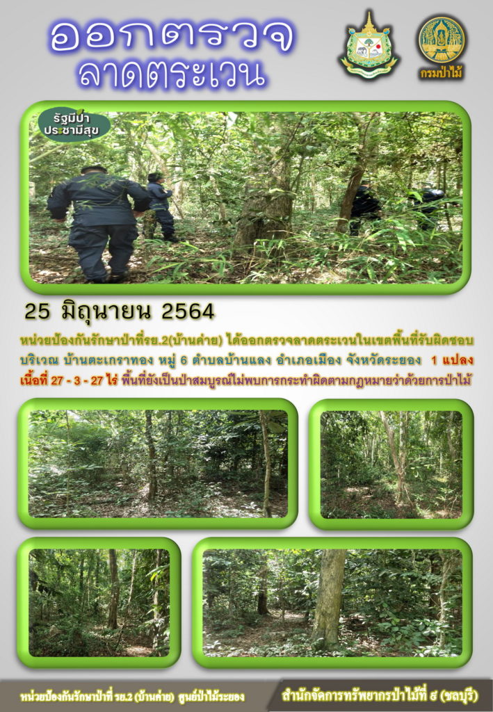 วันที่ 25 มิถุนายน 2564 หน่วยป้องกันรักษาป่าที่ รย.2 (บ้านค่าย) ได้ออกตรวจลาดตระเวนในเขตพื้นที่รับผิดชอบ บริเวณบ้านตะเกราทอง หมู่ที่ 6 ตำบลบ้านแลง อำเภอเมือง จังหวัดระยอง จำนวน 1 แปลง เนื้อที่ 27-3-27 ไร่ พื้นที่ป่ายังเป็นป่าสมบูรณ์ ไม่พบการกระทำความผิดตามกฎหมายว่าด้วยการป่าไม้