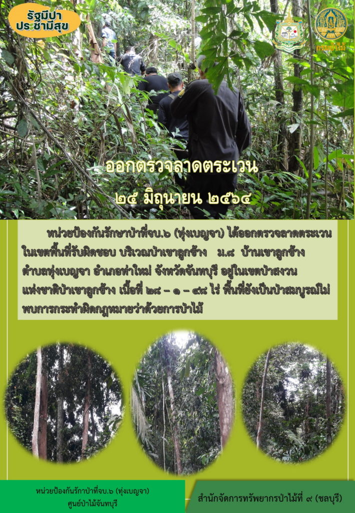 วันที่ 25 มิถุนายน 2564 หน่วยป้องกันรักษาป่าที่ จบ.6 (ทุ่งเบญจา) ได้ออกตรวจลาดตระเวนในเขตพื้นที่รับผิดชอบ บริเวณป่าเขาลูกช้าง อำเภอท่าใหม่ จังหวัดจันทบุรี อยู่ในเขตป่าสงวนแห่งชาติป่าเขาลูกช้าง เนื้อที่ 28-1-48 ไร่ พื้นที่ป่ายังเป็นป่าสมบูรณ์ ไม่พบการกระทำความผิดตามกฎหมายว่าด้วยการป่าไม้