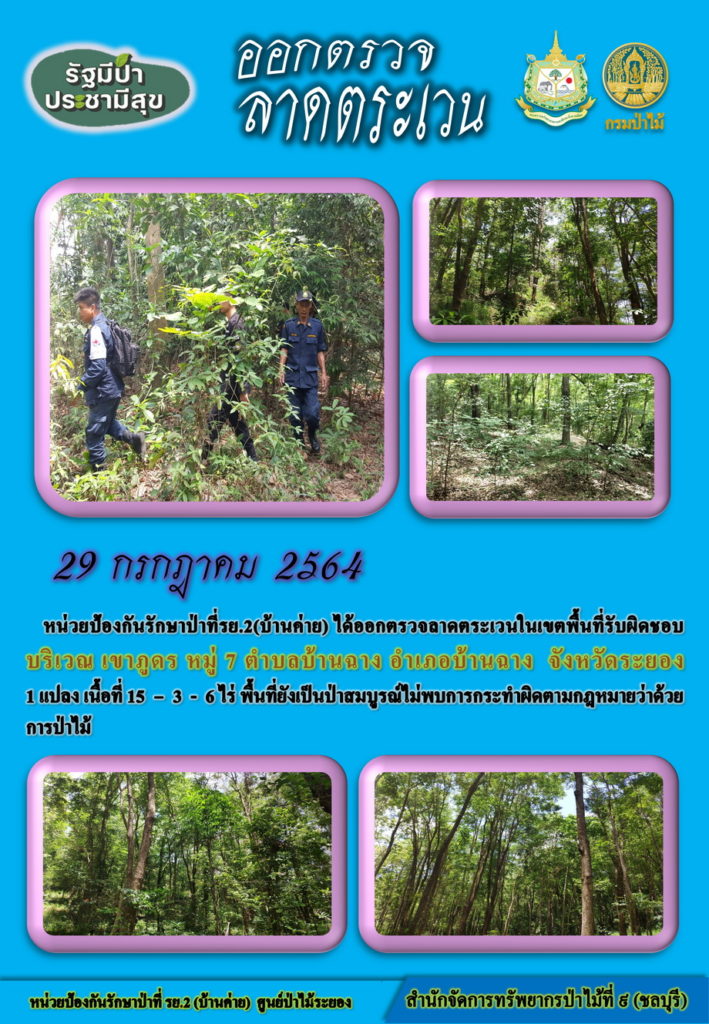 วันที่ 29 กรกฎาคม 2564 หน่วยป้องกันรักษาป่าที่ รย.2 (บ้านค่าย) ได้ออกตรวจลาดตระเวนในเขตพื้นที่รับผิดชอบ บริเวณเขาภูดร หมู่ที่ 7 ตำบลบ้านฉาง อำเภอบ้านฉาง จังหวัดระยอง จำนวน 1 แปลง เนื้อที่ 15-3-6 ไร่ พื้นที่ยังคงสภาพเป็นป่าสมบูรณ์ ไม่พบการกระทำความผิดตามกฎหมายว่าด้วยการป่าไม้