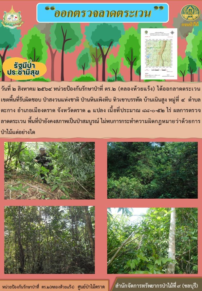 วันที่ 2 สิงหาคม 2564 หน่วยป้องกันรักษาป่าที่ ตร.2 (คลองห้วยแร้ง) ได้ออกลาดตระเวนเขตพื้นที่รับผิดชอบ ป่าสงวนแห่งชาติป่าหินเพิงทึบ ทิวเขาบรรทัด บ้านเนินสูง หมู่ที่ 4 ตำบลตะกาง อำเภอเมือง จังหวัดตราด จำนวน 1 แปลง เนื้อที่ 88-0-52 ไร่ ผลการตรวจลาดตระเวน พื้นที่ยังเป็นป่าสมบูรณ์ ไม่พบการกระทำความผิดตามกฎหมายว่าด้วยการป่าไม้