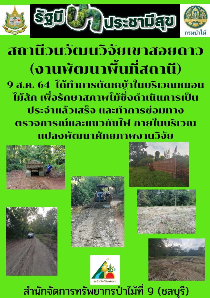 วันที่ 9 สิงหาคม 2564 ได้ทำการตัดหญ้าในบริเวณหมอนไม้สัก เพื่อรักษาสภาพไม้ซึ่งดำเนินการเป็นประจำแล้วเสร็จ และทำการซ่อมทางตรวจการณ์และแนวกันไฟ ภายในบริเวณแปลงพัฒนาศักยภาพงานวิจัย