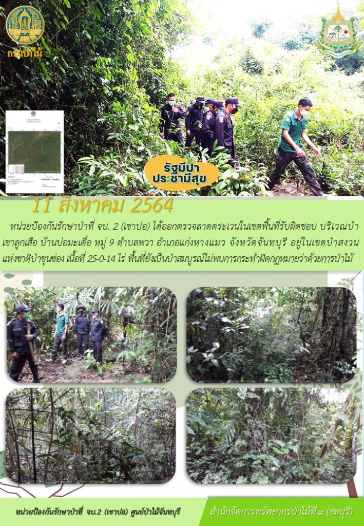 วันที่ 11 สิงหาคม 2564 หน่วยป้องกันรักษาป่าที่ จบ.2 (เขาปอ) ได้ออกตรวจลาดตระเวนในเขตพื้นที่รับผิดชอบ บริเวณป่าเขาลูกเสือ บ้านบ่อทะเดื่อ หมู่ที่ 9 ตำบลพวา อำเภอแก่งหางแมว จังหวัดจันทบุรี อยู่ในเขตป่าสงวนแห่งชาติป่าขุนซ่อง เนื้อที่ 25-0-14 ไร่ พื้นที่ยังเป็นป่าสมบูรณ์ ไม่พบการกระทำความผิดตามกฎหมายว่าด้วยการป่าไม้
