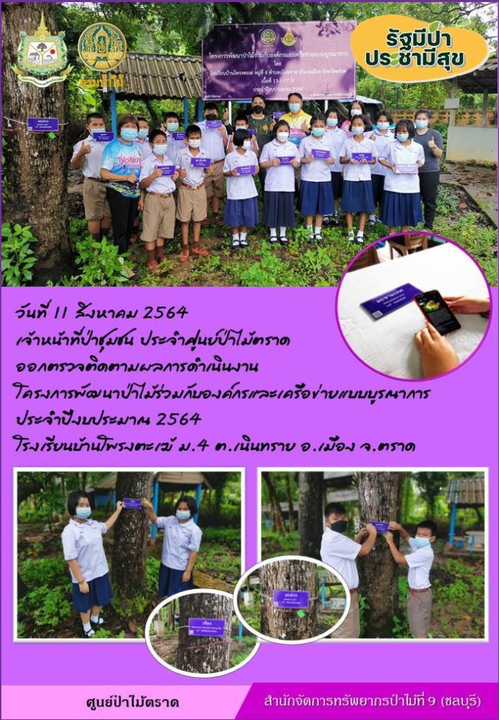 วันที่ 11 สิงหาคม 2564 เจ้าหน้าที่ป่าชุมชน ประจำศูนย์ป่าไม้ตราด ออกตรวจติดตามผลการดำเนินงาน โครงการพัฒนาป่าไม้ร่วมกังองค์กรและเครือข่ายแบบบูรณาการ ประจำปีงบประมาณ 2564 โรงเรียนบ้านโพรงตะเฆ้ หมู่ที่ 4 ตำบลเนินทราย อำเภอเมือง จังหวัดตราด