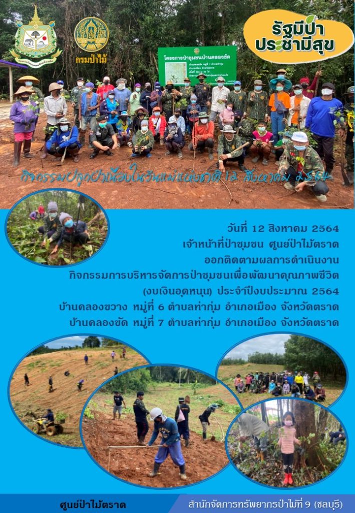 วันที่ 12 สิงหาคม 2564 เจ้าหน้าที่ป่าชุมชน ศูนย์ป่าไม้ตราด ออกติดตามผลการดำเนินงาน กิจกรรมการบริหารจัดการรป่าชุมชนเพื่อพัฒนาคุณภาพชีวิต (งบเงินอุดหนุน) ประจำปีงบประมาณ 2564 บ้านคลองขวาง หมู่ที่ 6 และบ้านคลองขัด หมู่ที่ 7 ตำบลท่ากุ่ม อำเภอเมือง จังหวัดตราด