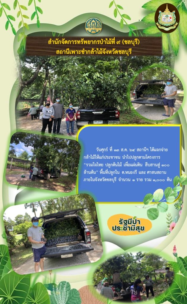 วันที่ 13 สิงหาคม 2564 สถานีเพาะชำกล้าไม้จังหวัดชลบุรี ได้แจกจ่ายกล้าไม้ให้แก่ประชาชน นำไปปลูกตามโครงการ "รวมใจไทย ปลูกต้นไม้เพื่อแผ่นดิน" สืบสานสู่ 100 ล้านต้น พื้นที่ปลูกใน ตำบลหนองรี และศาสนสถาน ภายในจังหวัดชลบุรี จำนวน 1 รวย รวม 1,000 ต้น