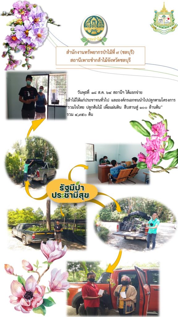วันที่ 18 สิงหาคม 2564 สถานีเพาะชำกล้าไม้จังหวัดชลบุรี ได้แจกจ่ายกล้าไม้ให้แก่ประชาชนทั่วไป และองค์กรเอกชนนำไปปลูกตามโครงการ "รวมใจไทย ปลูกต้นไม้เพื่อแผ่นดิน" สืบสานสู่ 100 ล้านต้น รวม 4,950 ต้น