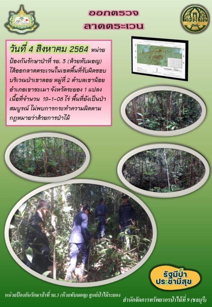 วันที่ 4 สิงหาคม 2564 หน่วยป้องกันรักษาป่าที่ รย.3 (ห้วยทับมอญ) ได้ออกลาดตระเวนในเขตพื้นที่รับผิดชอบ บริเวณป่าเขาลอย หมู่ที่ 2 ตำบลเขาน้อย อำเภอเขาชะเมา จังหวัดระยอง จำนวน 1 แปลง เนื้อที่ 19-1-08 ไร่ พื้นที่ยังเป็นป่าสมบูรณ์ ไม่พบการกระทำความผิดตามกฎหมายว่าด้วยการป่าไม้