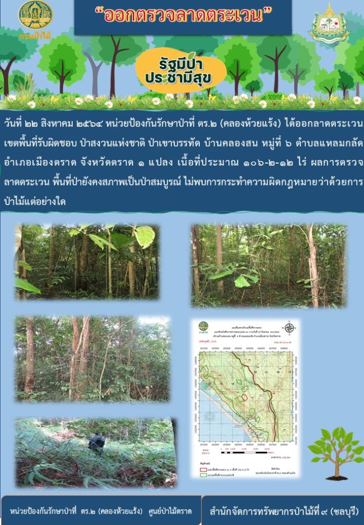 วันที่ 22 สิงหาคม 2564 หน่วยป้องกันรักษาป่าที่ ตร.2 (คลองห้วยแร้ง) ได้ออกลาดตระเวนเขตพื้นที่รับผิดชอบ ป่าสงวนแห่งชาติป่าเขาบรรทัด บ้านคลองสน หมู่ที่ 6 ตำบลแหลมกลัด อำเภอเมือง จังหวัดตราด จำนวน 1 แปลง เนื้อที่ 106-2-12 ไร่ ผลการตรวจลาดตระเวน พื้นที่ยังเป็นป่าสมบูรณ์ ไม่พบการกระทำความผิดตามกฎหมายว่าด้วยการป่าไม้แต่อย่างใด