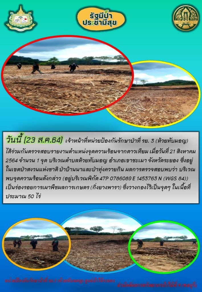 วันที่ 23 สิงหาคม 2564 เจ้าหน้าที่หน่วยป้องกันรักษาป่าที่ รย.3 (ห้วยทับมอญ) ได้ร่วมกันตรวจสอบรายงานตำแหน่งจุดความร้อนจากดาวเทียม เมื่อวันที่ 21 สิงหาคม 2564 จำนวน 1 จุด บริเวณตำบลห้วยทับมอญ อำเภอเขาชะเมา จังหวัดระยอง ซึ่งอยู่ในเขตป่าสงวนแห่งชาติ ป่าบ้านนาและป่าทุ่งควายกิน ผลการตรวจสอบพบว่า บริเวณพบจุดความร้อนดังกล่าว (อยู่บริเวณพิกัด 47P 0786089 E 1452763 N (WGS 84)) เป็นร่องรอยการเผาพืชผลการเกษตร (กิ่งยางพารา) ซึ่งวางกองไว้เป็นจุดๆ ในเนื้อที่ ประมาณ 50 ไร่