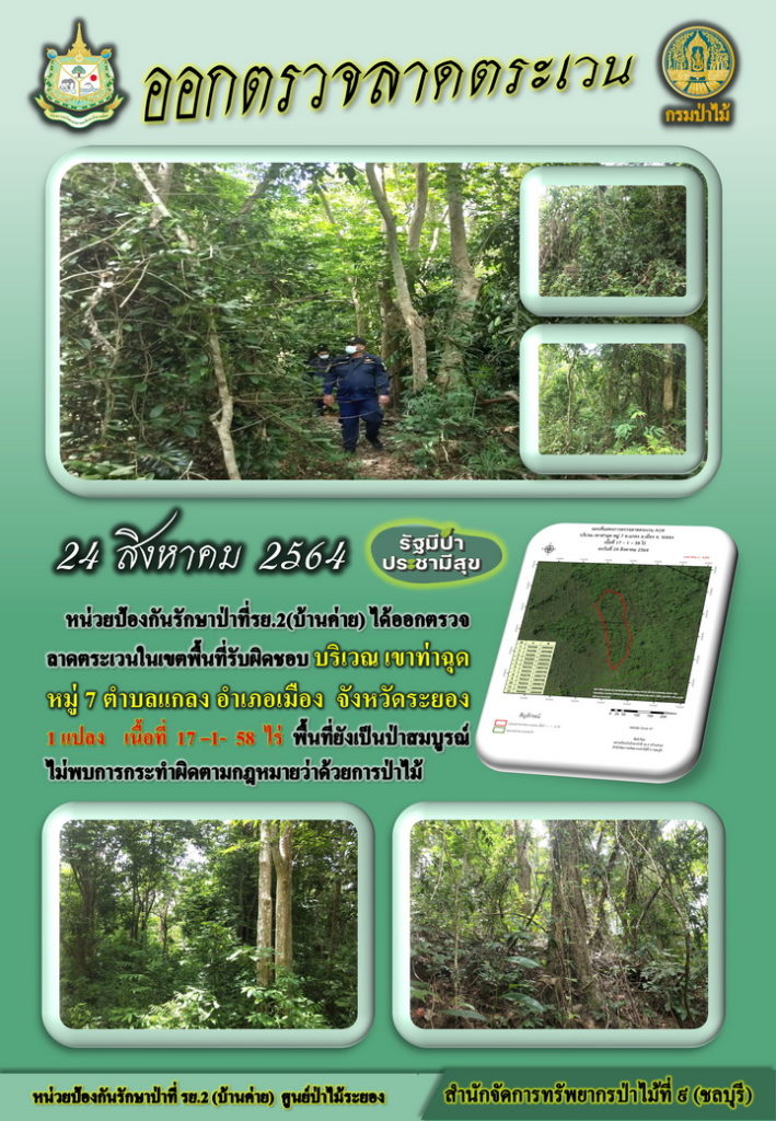 วันที่ 24 สิงหาคม 2564 หน่วยป้องกันรักษาป่าที่ รย.2 (บ้านค่าย) ได้ออกตรวจลาดตระเวนในเขตพื้นที่รับผิดชอบ บริเวณเขาท่าฉุด หมู่ที่ 7 ตำบลแกลง อำเภอเมือง จังหวัดระยอง จำนวน 1 แปลง เนื้อที่ 17-1-58 ไร่ พื้นที่ยังเป็นป่าสมบูรณ์ ไม่พบการกระทำความผิดตามกฎหมายว่าด้วยการป่าไม้