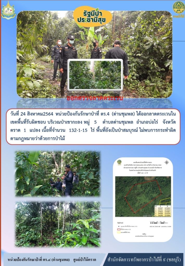 วันที่ 24 สิงหาคม 2564 หน่วยป้องกันรักษาป่าที่ ตร.4 (ด่านชุมพล) ได้ออกลาดตระเวนในเขตพื้นที่รับผิดชอบ บริเวณป่าเขากะลง หมู่ที่ 5 ตำบลด่านชุมพล อำเภอบ่อไร่ จังหวัดตราด จำนวน 1 แปลง เนื้อที่ 132-1-15 ไร่ พื้นที่ยังเป็นป่าสมบูรณ์ ไม่พบการกระทำความผิดตามกฎหมายว่าด้วยการป่าไม้